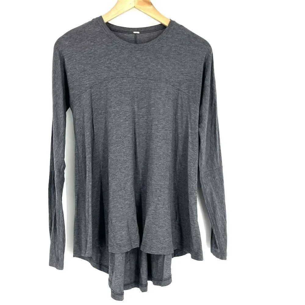 Lululemon Acadia Top Size 6 Gray Long Sleeve Heathered Pitch Pima Cotton T Shirt